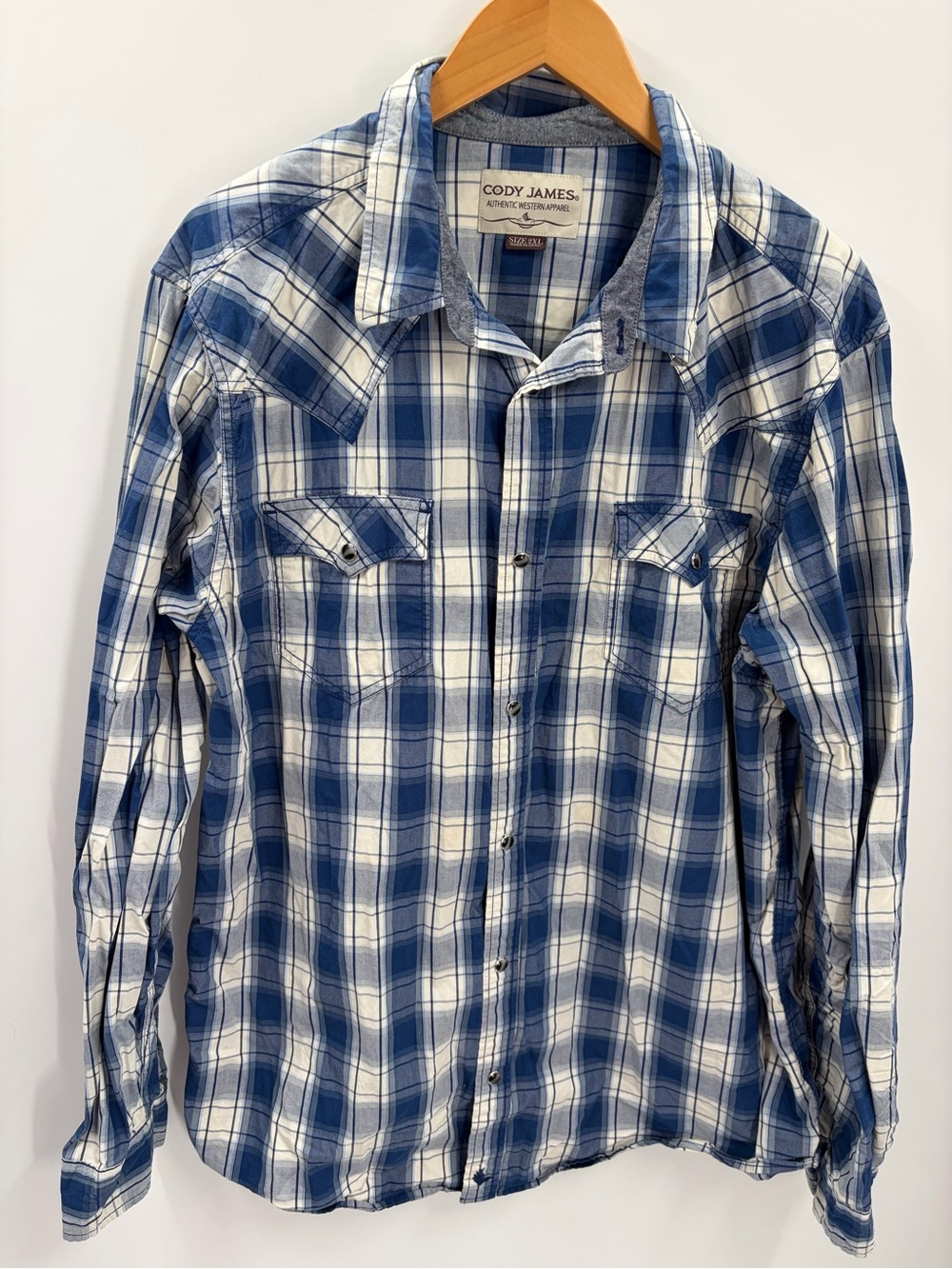 Cody James Men's 2XL Plaid Long Sleeve Pearl Snap Western Shirt Blue White